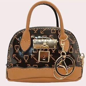 Brown Logo-Print Dome bag charm with Gold Hardware Keychain new